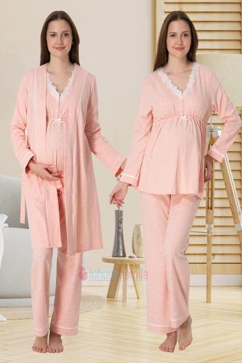 Effortt 3054 Somon Dantel Detaylı Sabahlıklı Lohusa Pijama Takımı