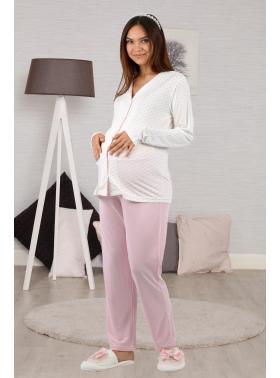 Pembe Puanlı Önden Düğmeli Lohusa Pijama Takımı 1032P