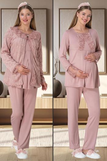 5911 Pudra Peluş Sabahlıklı Lohusa Pijama Takımı