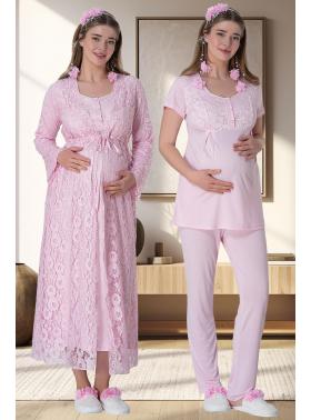 Mecit 6060 Pembe Dantel Sabahlıklı Gecelik Pijama Lohusa Set