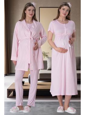 Mecit 6061 Pembe Çizgili Sabahlıklı Gecelik Pijama Lohusa Set