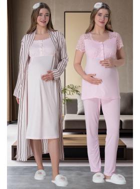 Mecit 6063 Pembe Çizgili Uzun Sabahlıklı Gecelik Pijama Lohusa Set