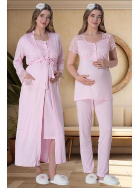 Mecit 6065 Pembe Uzun Sabahlıklı Gecelik Pijama Lohusa Set