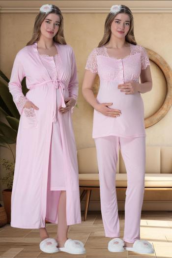 Mecit 6065 Pembe Uzun Sabahlıklı Gecelik Pijama Lohusa Set