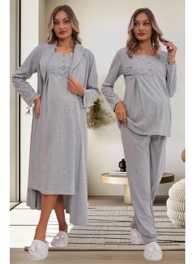 Mecit 6172 Gri Uzun Sabahlıklı Gecelik Pijama Lohusa Set