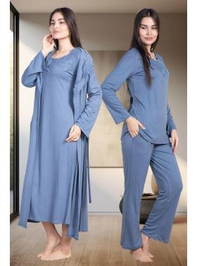 Mecit 6157 İndigo Kadın Sabahlık Pijama Gecelik Set