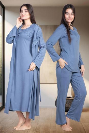 Mecit 6157 İndigo Kadın Sabahlık Pijama Gecelik Set