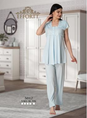 Effortt 5012 Mavi Kolları ve Yakası Dantelli Lohusa Pijama Takımı